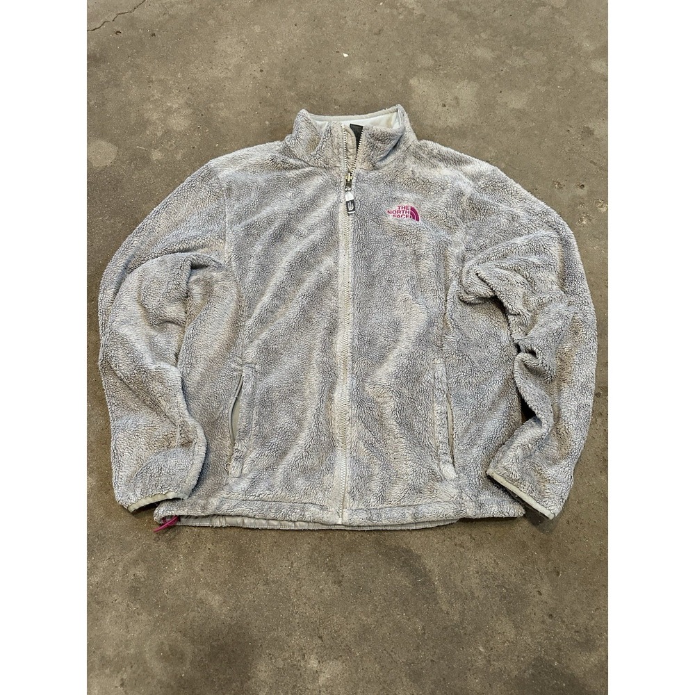 North Face Osito Fleece Jacket Womens Sz L Full Zip Gray With Pink Embroider